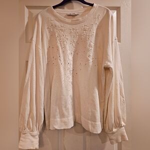 LOFT Cream Long Sleeve Top with Embroidered Details